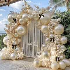 Pearl Sand White Balloon Arch Kit with Black Bow Double Pearl Cream Ivory Bei…
