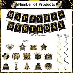 60th Birthday Party Decorations – 16PCS Vintage 60th Birthday Banner Gold 60