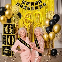 60th Birthday Decorations for Men Women, 50pcs Black and Gold Party Decoratio…