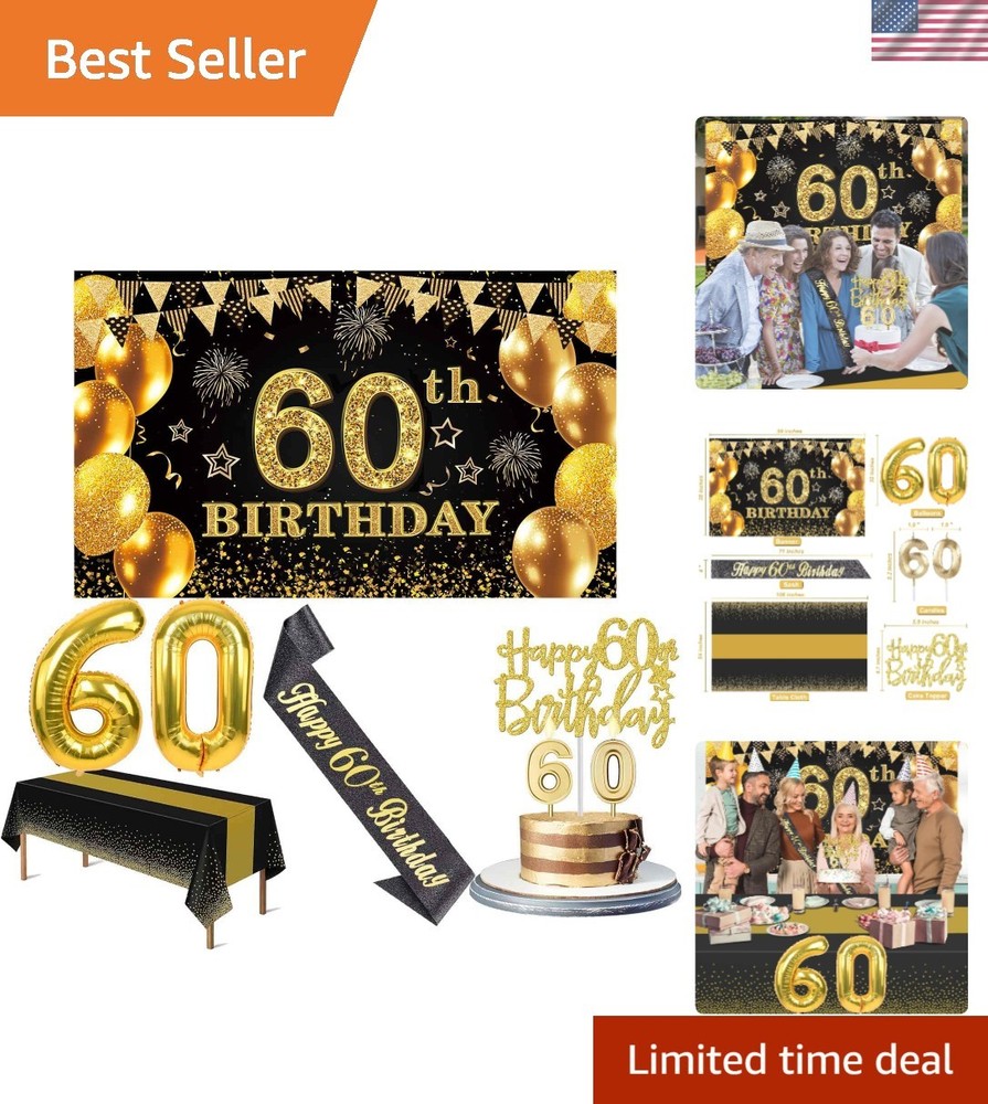60th Birthday Decorations Men Women with 60th Birthday Banner, Black and Gold…