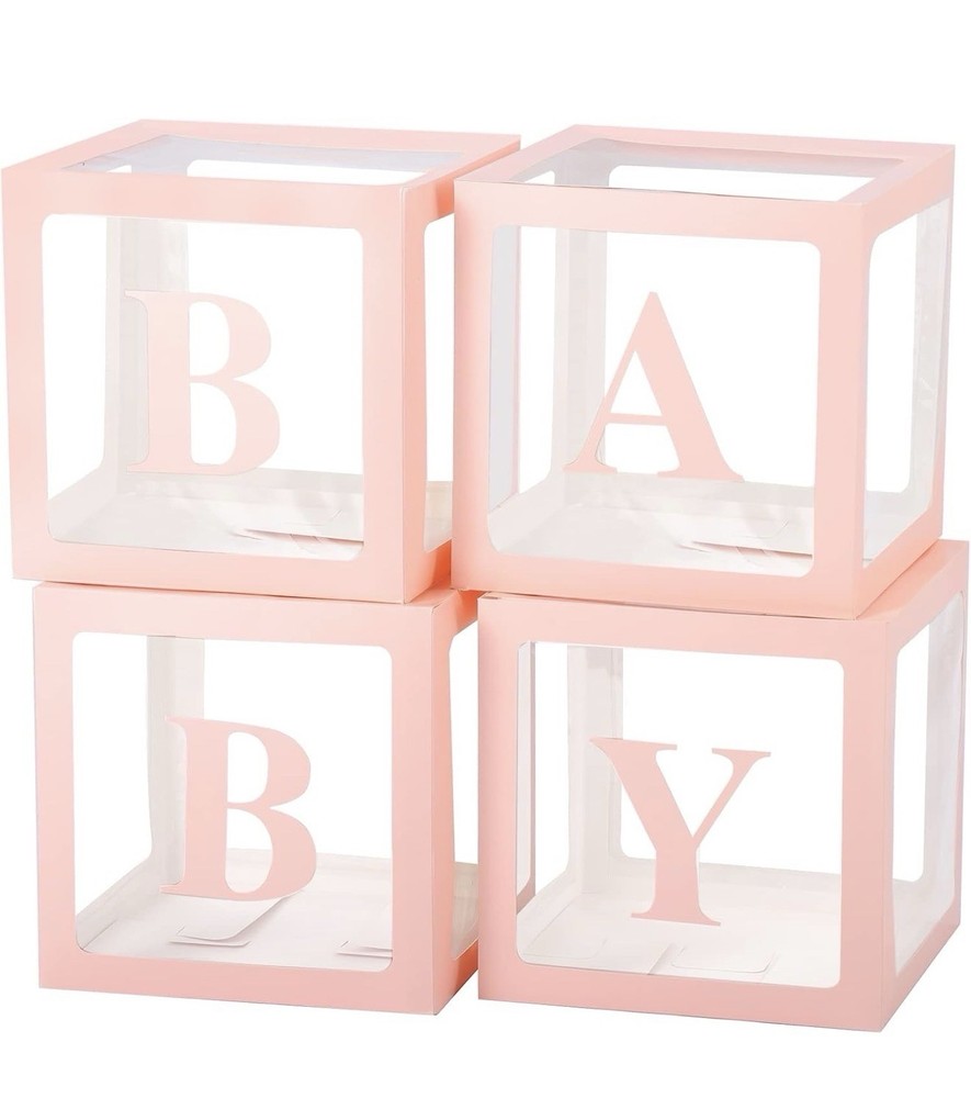 Pink/Clear Baby Boxes 4 Piece with Letters B-A-B-Y. Baby Shower Decor