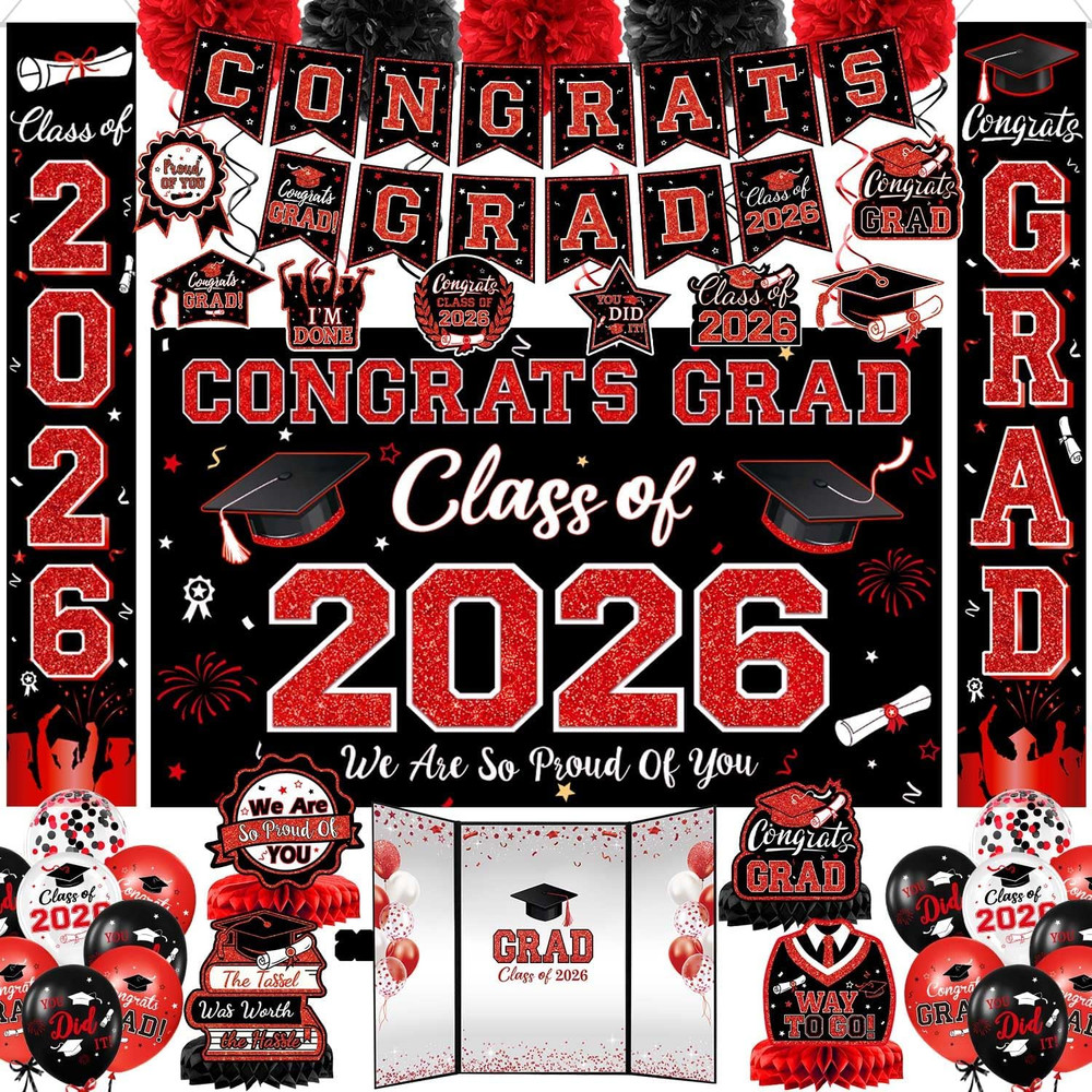 Graduation Decorations Class of 2026, Red and Black Graduation Party Supplies, B