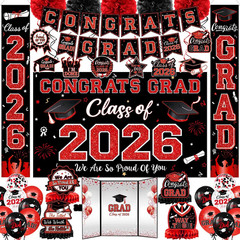 Graduation Decorations Class of 2026, Red and Black Graduation Party Supplies, B