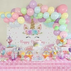 Unicorn Backdrop 8x6ft Pastel Rainbow Glitter Stars Dots Happy Birthday Banner
