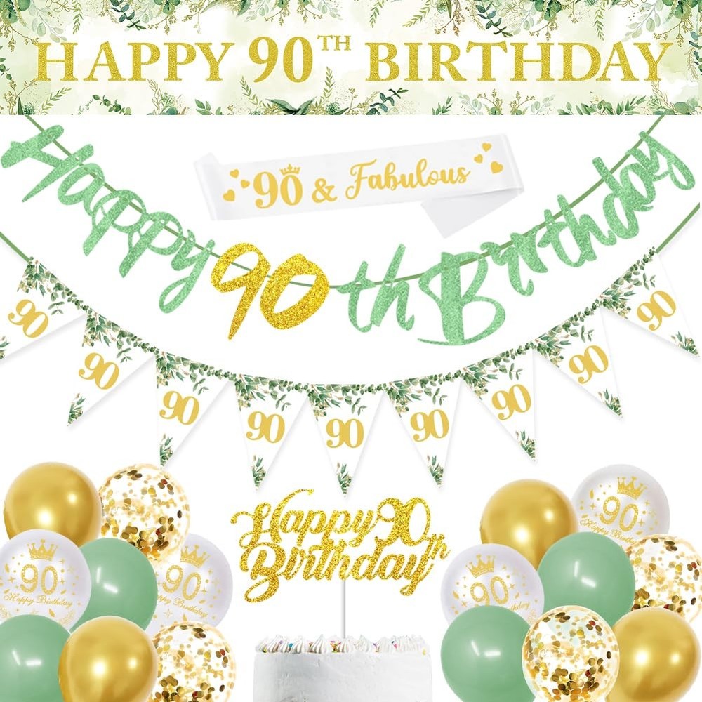 Sage Green 90th Birthday Party Decorations – Happy Banner, Gold