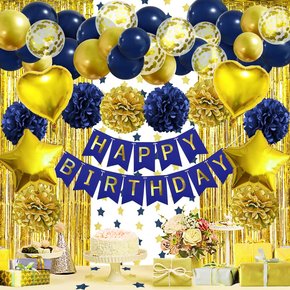 Birthday Party Decorations for Men, Navy Blue Gold Happy Birthday Banner Pomp…