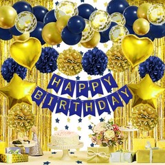 Birthday Party Decorations for Men, Navy Blue Gold Happy Birthday Banner Pomp…