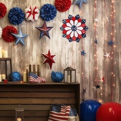 11-Inch Red White Blue Star Metal Flower Wall Art for 4th of July Outdoor Decor