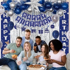 Blue Birthday Decorations Men Women Boys Navy Silver Banner Balloons