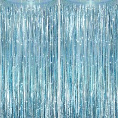 2 PCS Laser Light Blue Foil Fringe Curtains Tinsel Streamers Party Backdrop
