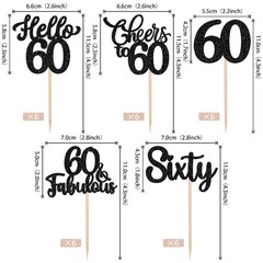 60th Birthday Cupcake Toppers Black Glitter Style 60 Party Decorations