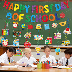 First Day of School Decorations, Pre-Strung Glitter Happy First Day of School Ba