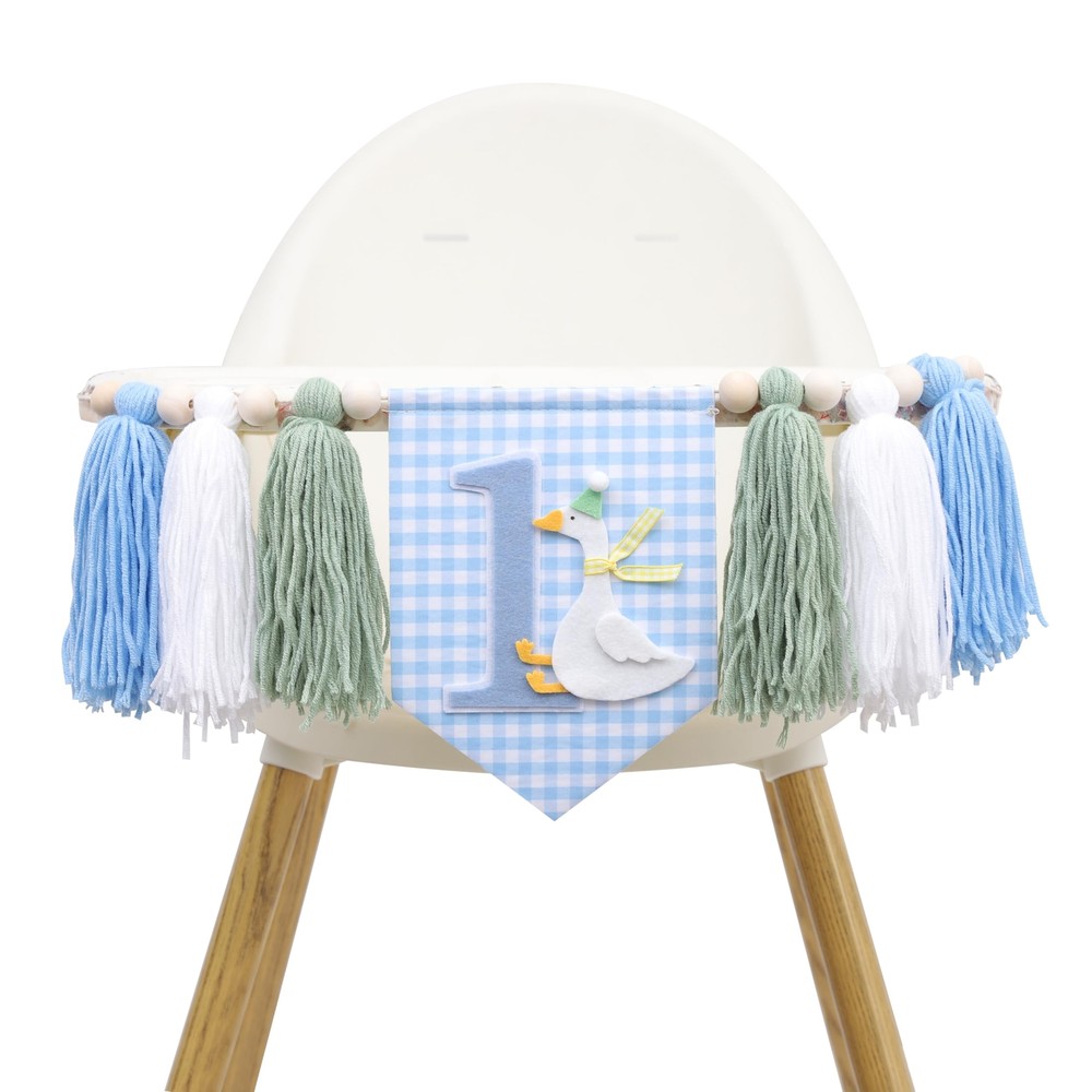 One Silly Goose High Chair Banner Boys 1st Birthday Blue Gingham Decor