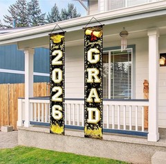 Black Gold Graduation Decorations Class of 2026 Congrats GRAD Porch Sign Banner