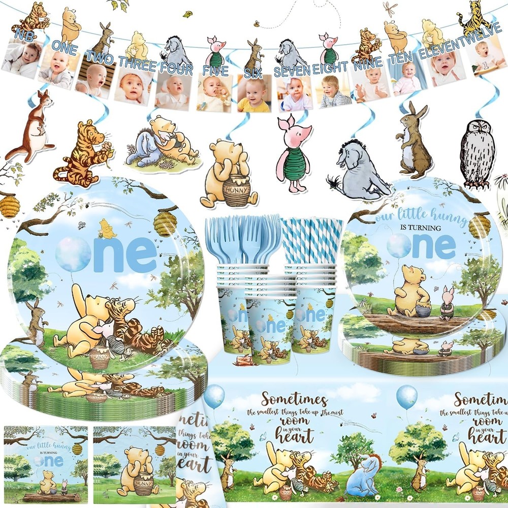 Winnie the Pooh 1st Birthday Disposable Tableware-Plates Cups Napkins Decoration