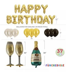 Black Gold Birthday Decorations Kit 37pc Balloons Banner Champagne Set