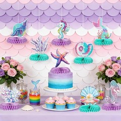 9 Pcs Mermaid Theme Birthday Party Decorations, 3D Double Sided Honeycomb Cen…