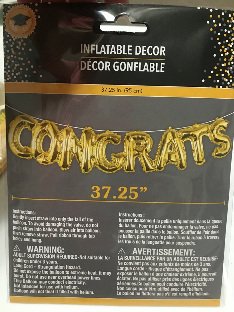 CONGRATS Gold Balloon 37.25″ Inflatable Party Decoration w/ Hang Ribbon NEW