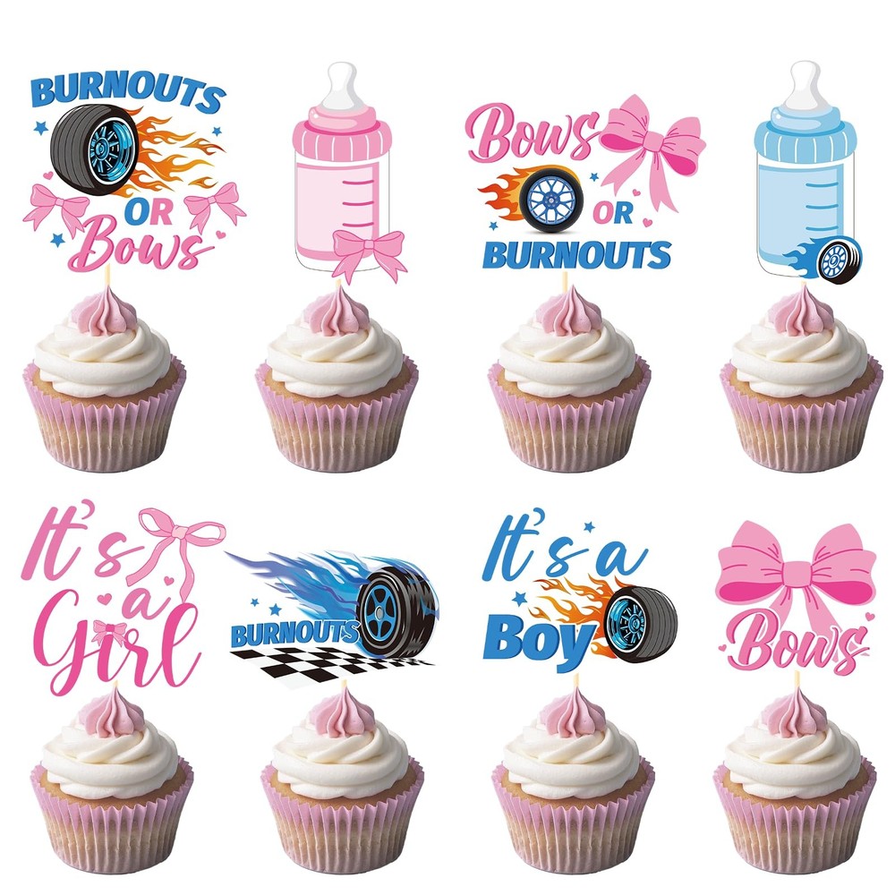 40 PCS Burnouts Or Bows Gender Reveal Cupcake Toppers Picks Party Decoration