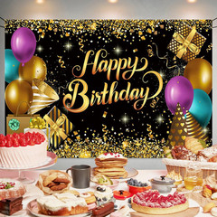 Black and Gold Birthday Party Backdrop Glitter Black Gold Balloon Happy Birthday