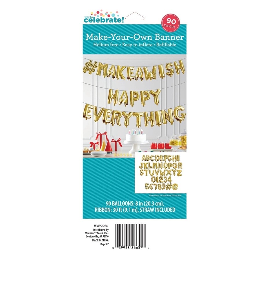 Way to Celebrate! Party Gold Make Your Own Balloon Banner Kit, 8″ letters, 90 Ct