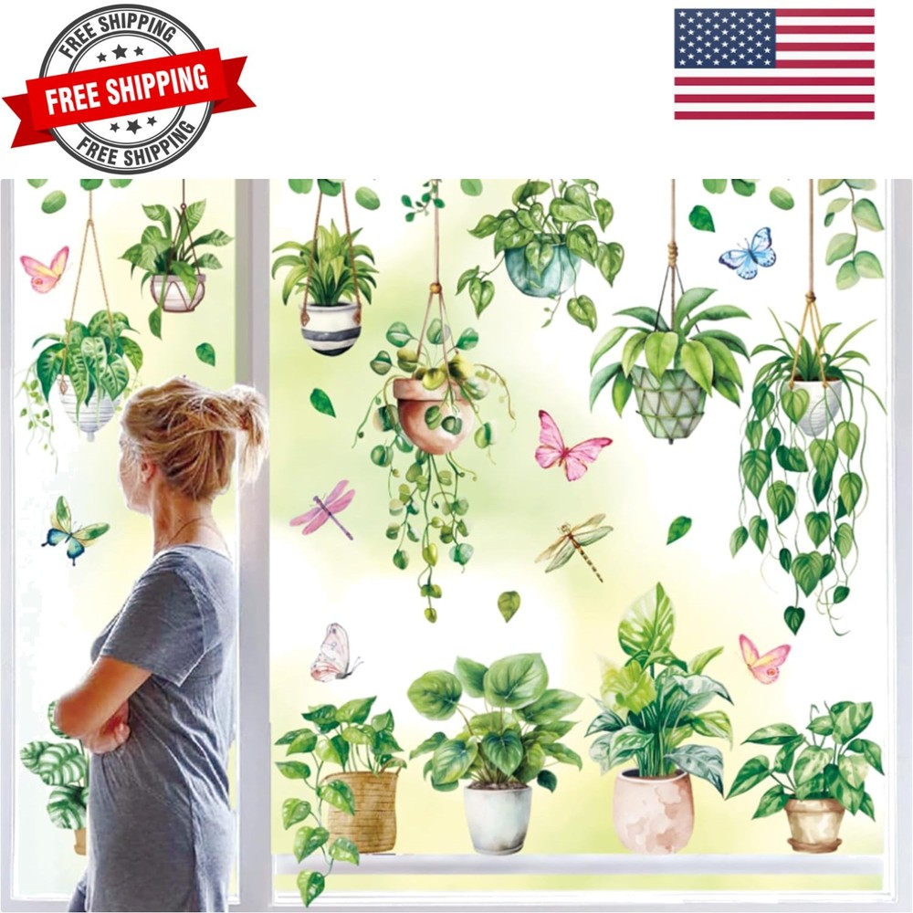 6 Sheet Spring Summer Potted Plant Window Clings Hanging Vine Plant Eucalyptu…