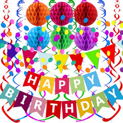 Happy Birthday Party Decorations Set Banner Confetti Garland Streamers Swirls