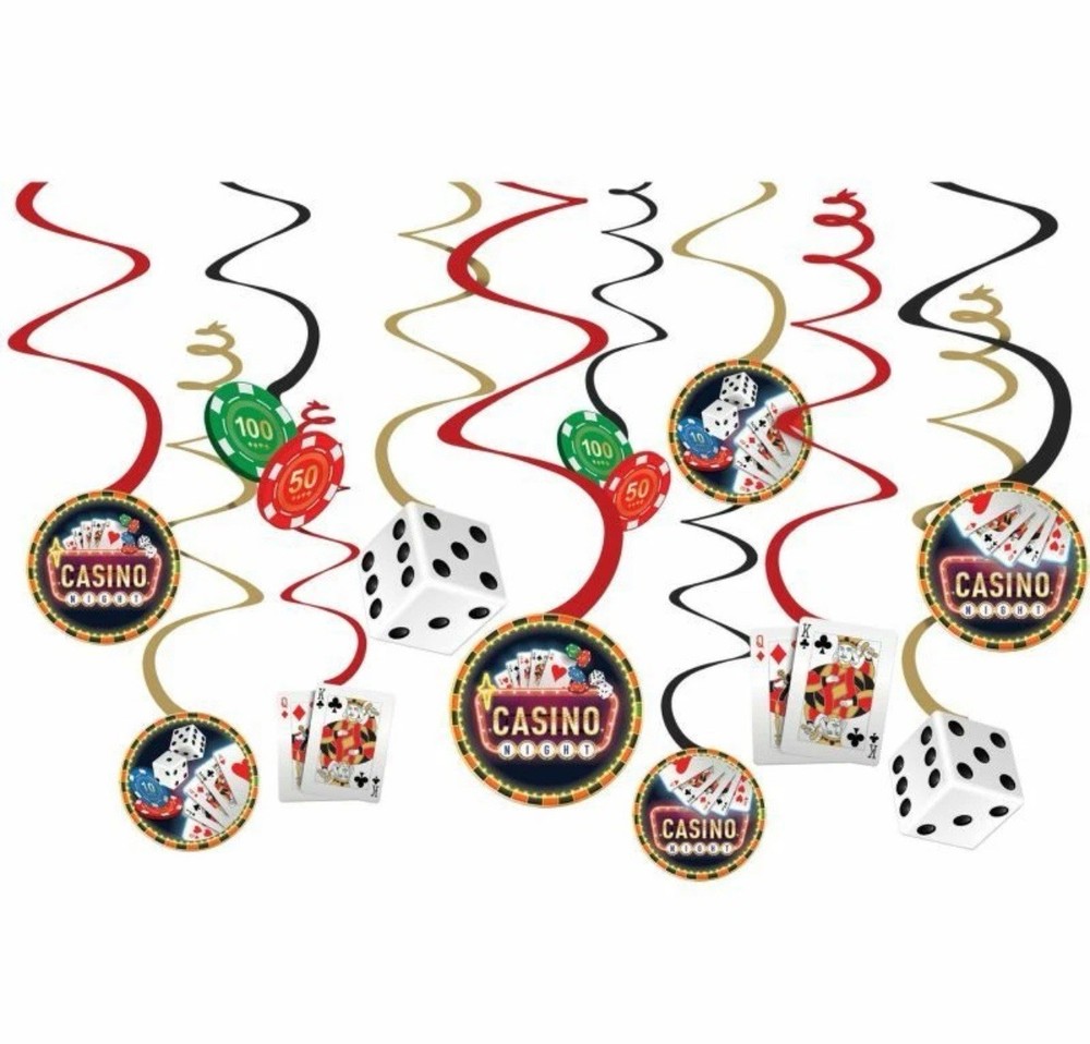 Casino Night Hanging Spiral 12 Pack 5″ – 7″ Foil Casino Vegas Hanging Decoration