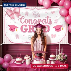 Katchon, Pink Bow Congrats Grad Banner – 72×44 Inch | Pink graduation banner Cla