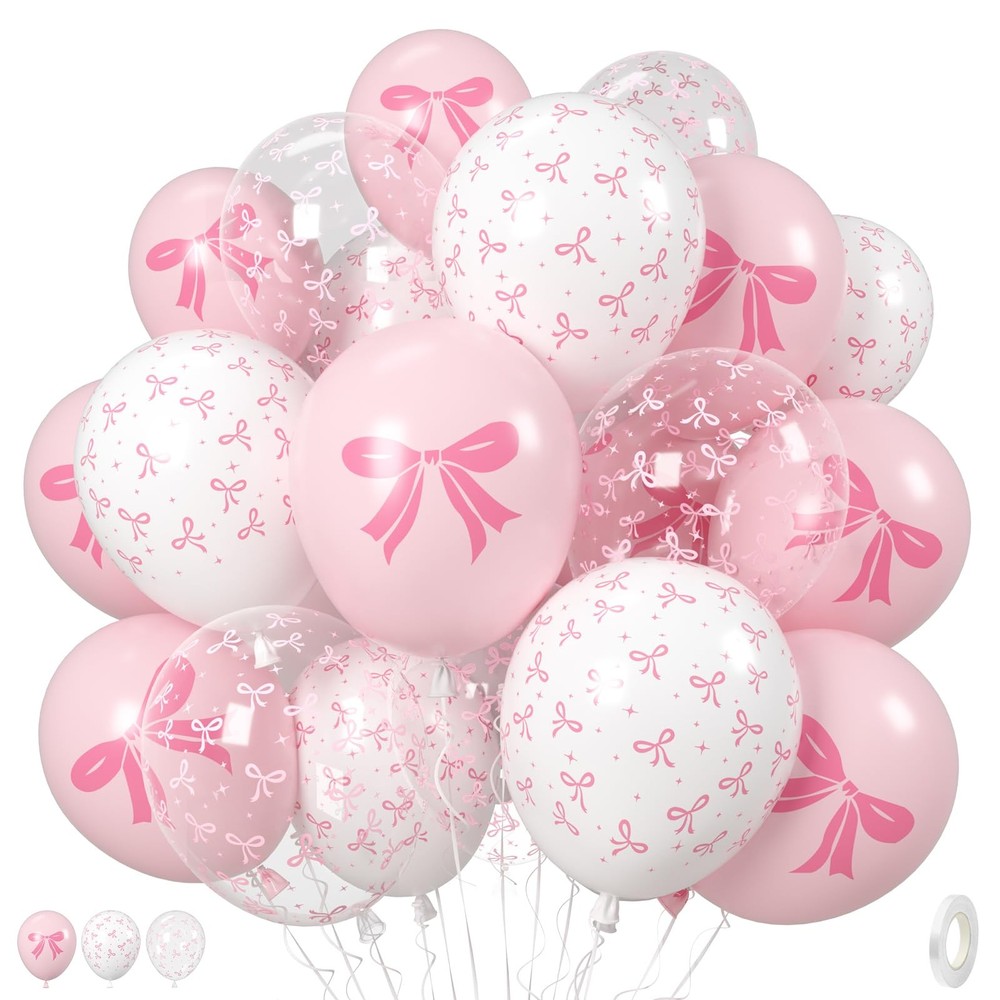 Pink Bow Balloons, 35PCS Light Pastel Pink Clear White Bow Latex Balloon for …
