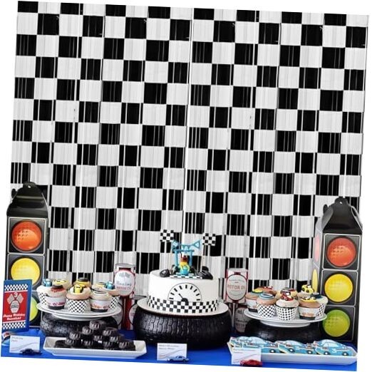 2 Pack Race Car Foil Fringe Curtains Backdrop Party Decorations 3.3 x 6.6 Ft
