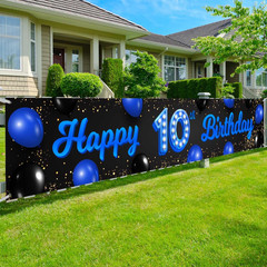 Happy 10Th Birthday Blue and Black Banner Cheers to 10 Years Old Backdrop Confet