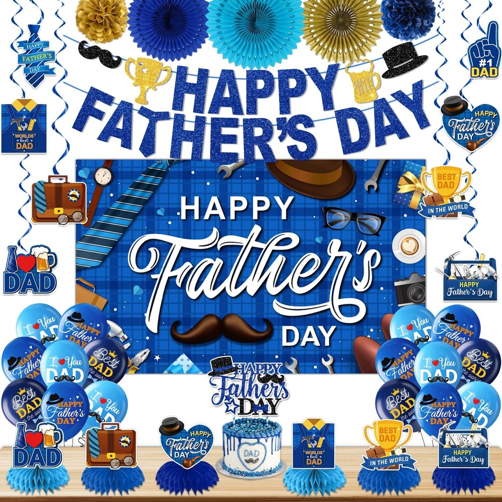 Happy Father’s Day Decorations Set – Fathers Banner, Backdrop, Blue