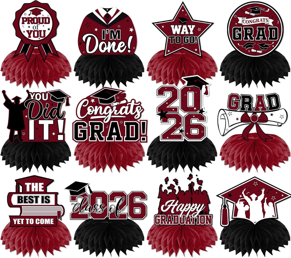 12Pcs Maroon Graduation Decorations Class of 2026 Honeycomb Centerpieces Table