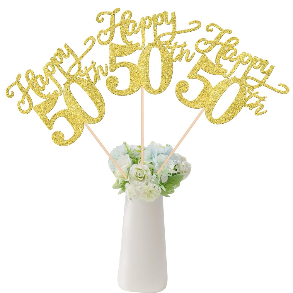 12 Pack Happy 50th Birthday Centerpiece Sticks Double Sided Gold Glitter 50th…