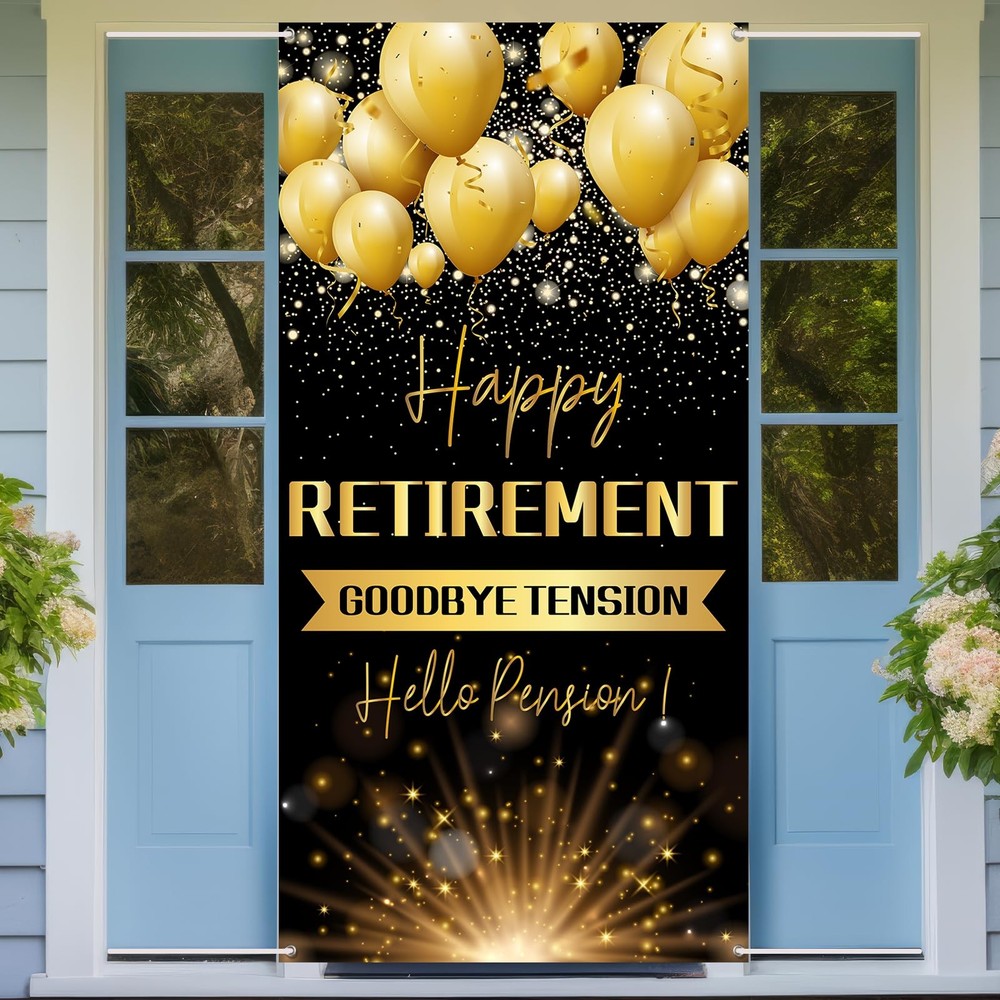 Happy Retirement Door Banner | Black Gold Retirement Party Decorations Door C…