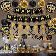 Happy New Year Paper Banner Triangle Flag Bunting Pom poms Swirls Streamers &
