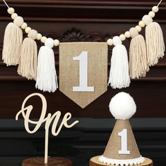 Ereniko Boho Burlap Khaki 1st Birthday High Chair Banner & One Cake Topper