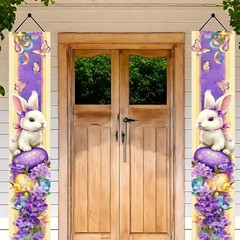 Happy Easter Porch Banner 12×71 inch White Bunny Porch Banner Set with Purple…