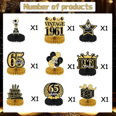 65th Birthday Decorations for Men – 9PCS Vintage 65th Birthday Honeycomb Centerp