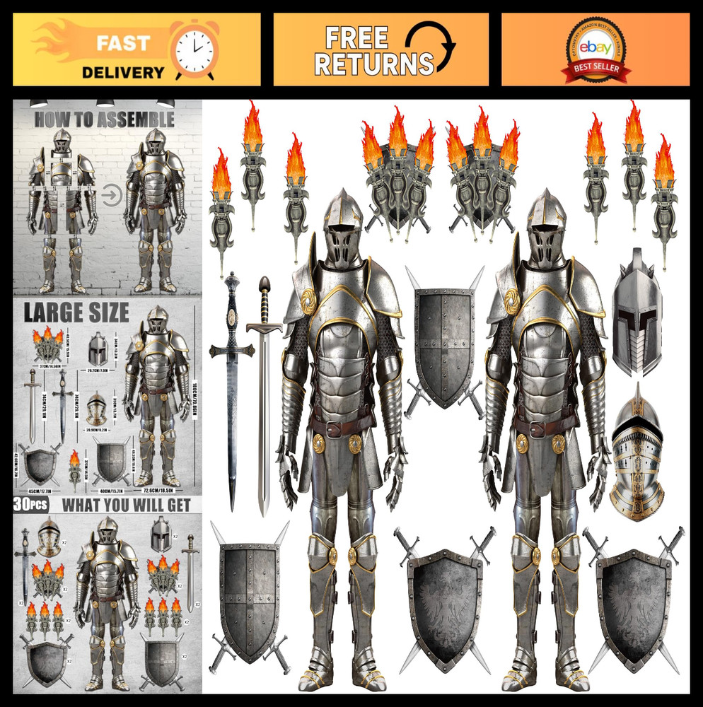 30 Medieval Party Decorations – 6ft Armor Knight Cutouts, Torch Props & Shields