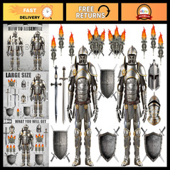 30 Medieval Party Decorations – 6ft Armor Knight Cutouts, Torch Props & Shields