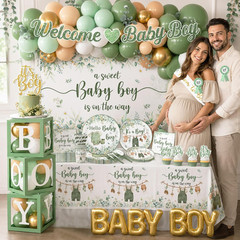 Baby Boy Shower Decorations,267Pcs Baby Shower Decorations Green Plates and Napk