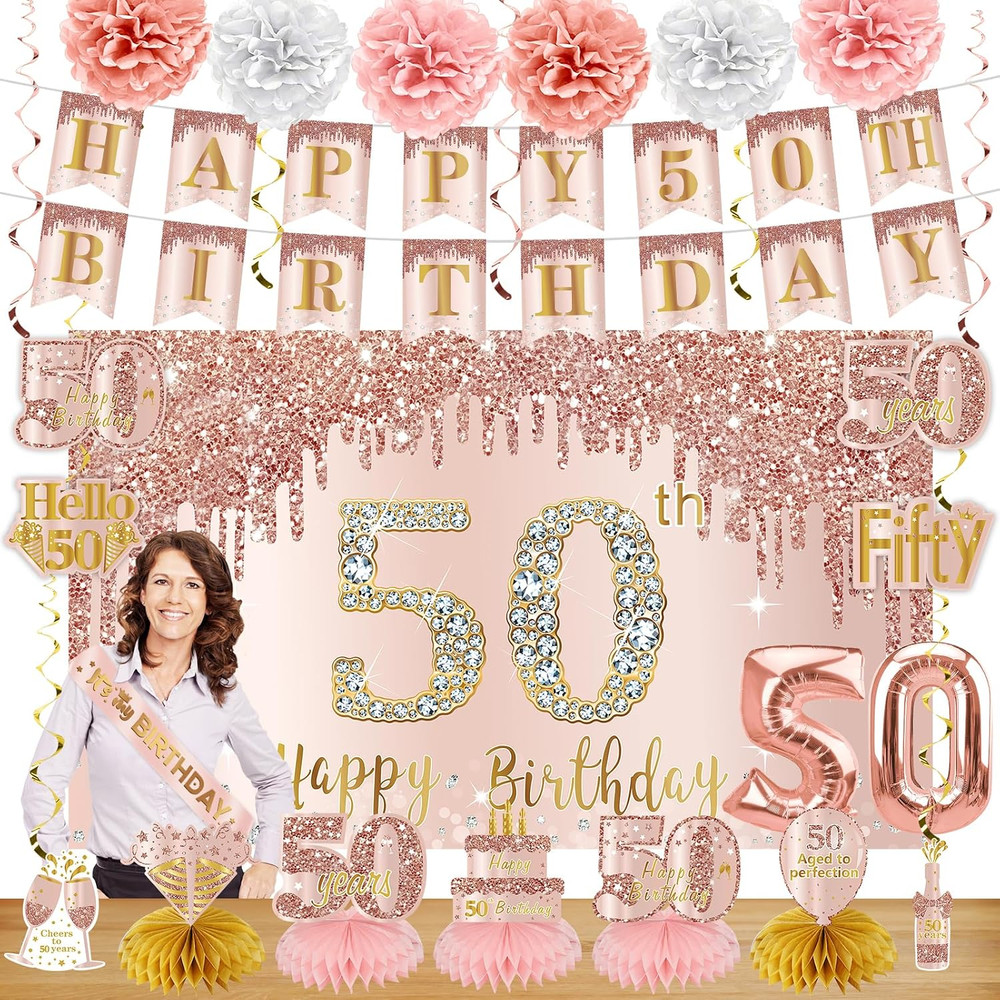 50Th Birthday Decorations Kit for Women, 21Pcs Pink Rose Gold Happy 50 Years Old