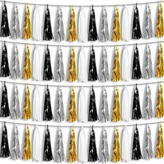 4P Black Gold Silver Foil Fringe Metallic Tassel Garland, Tassels Banner Stre…