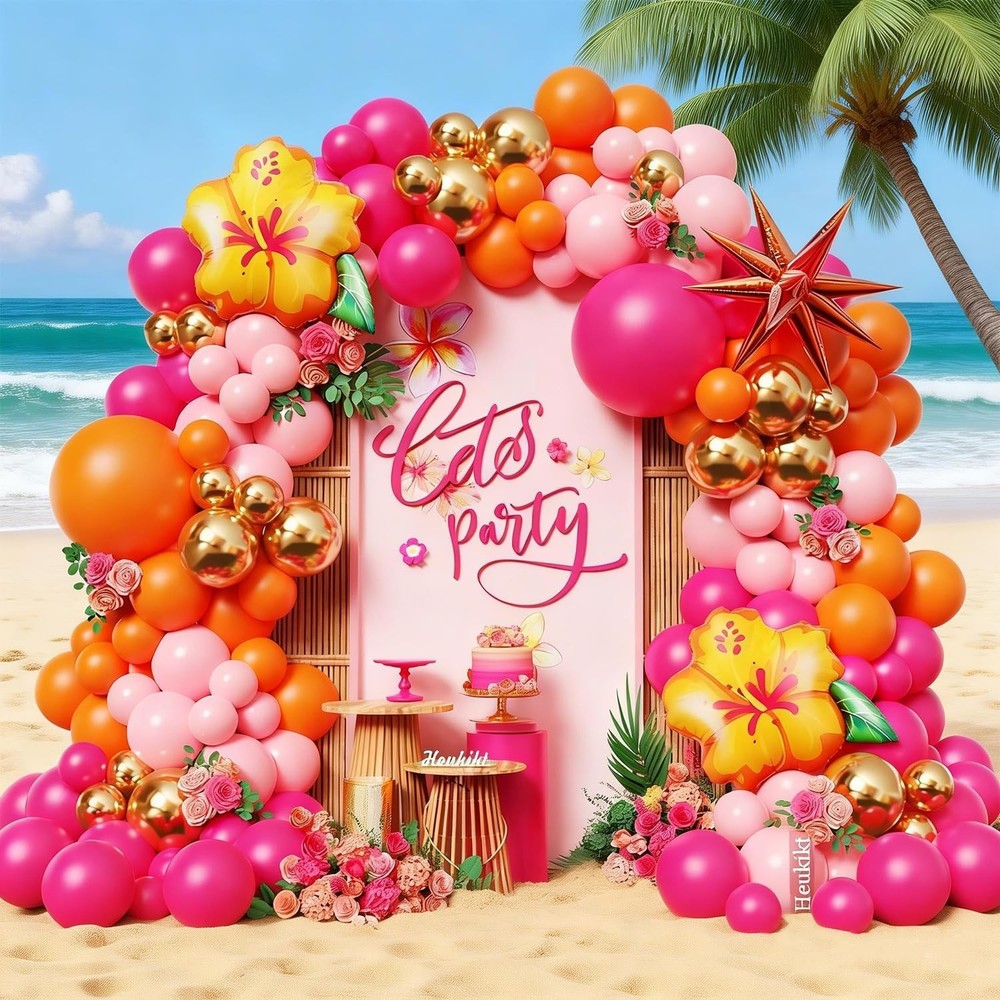 134Pcs Tropical Balloons Arch Garland Kit, Hot Pink Orange Latex Balloons wit…