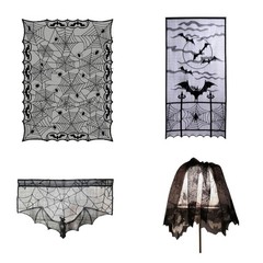 Spooky Holiday Tablecloth in Black Lace with Cobweb Pattern Mantel Scarf