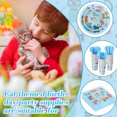 350 Pcs Cat Birthday Party Dinnerware Supplies, Blue Cute Kitten Tableware Se…