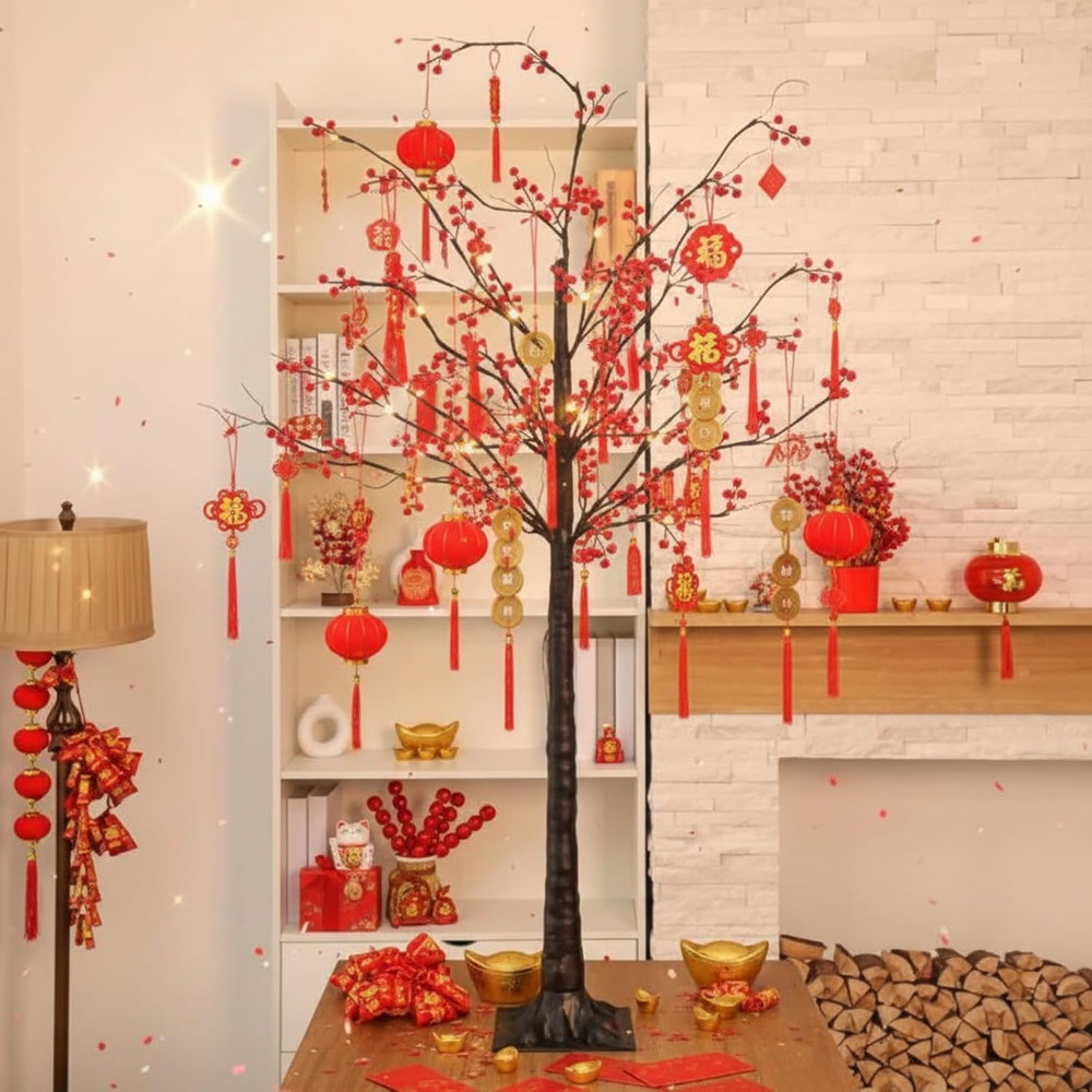 5 Ft Lighted Lunar New Year Tree with 80 LED Red Berry Decor for Home
