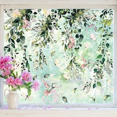 Whaline 9 Sheets Summer Flowers Window Clings 7.9 x 11.8 inch, Green